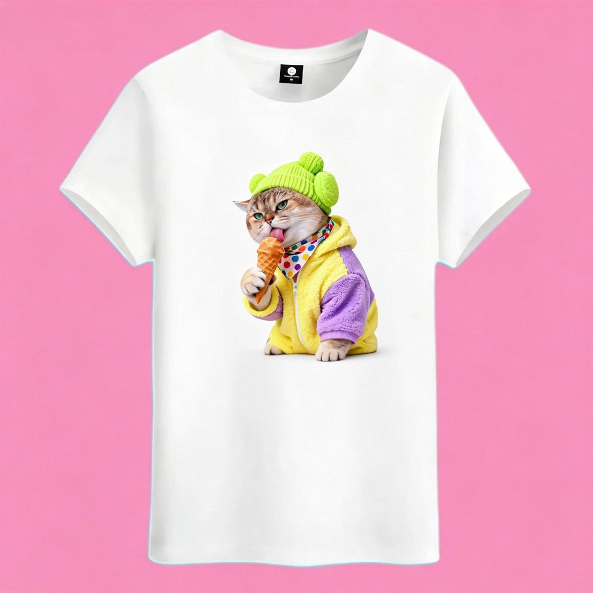 Sunny Brand ice cream cat t-shirt, front view of cat with green beanie printed on heavy cotton tee