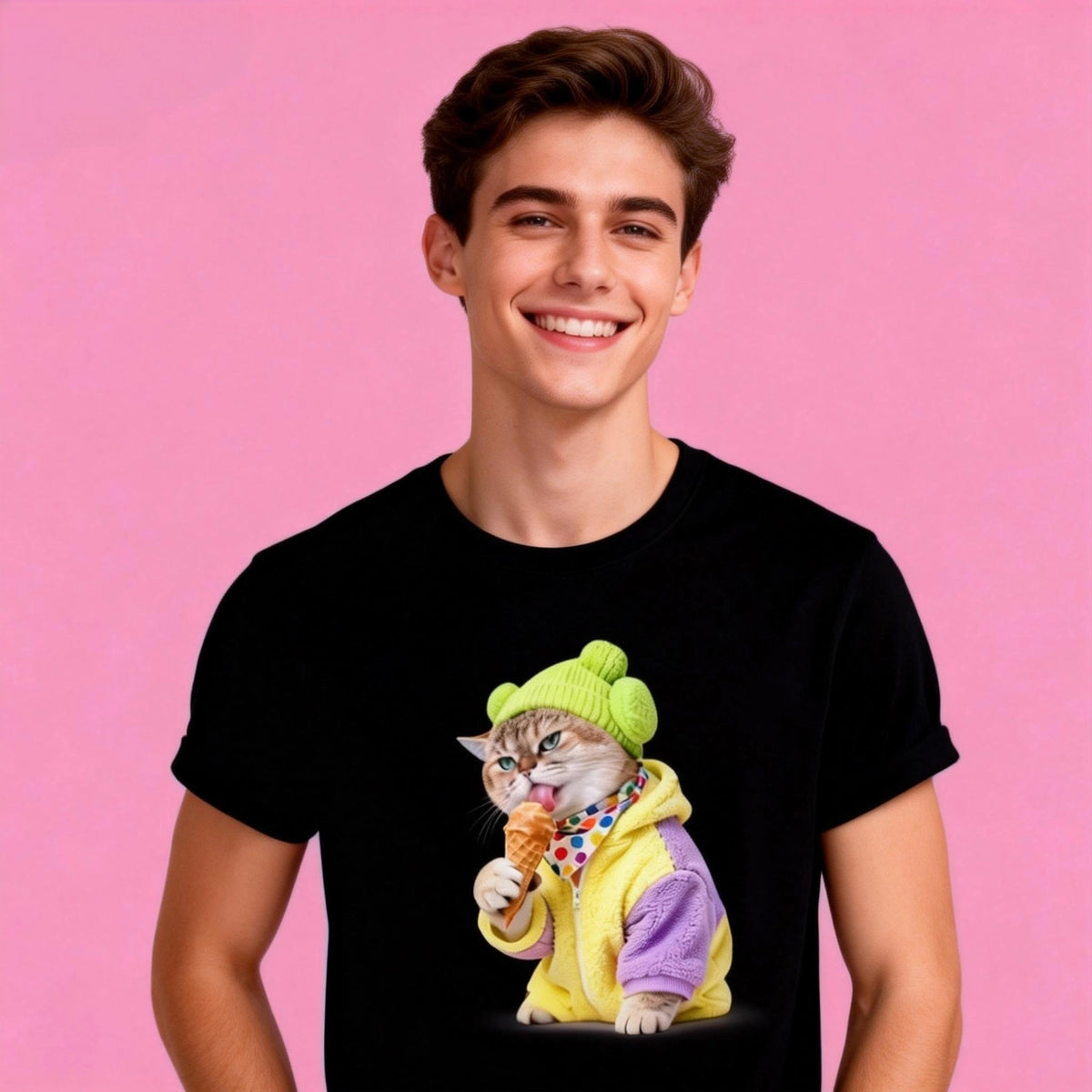 Man wearing Sunny Brand ice cream cat t-shirt, unisex heavy cotton tee with green beanie cat graphic