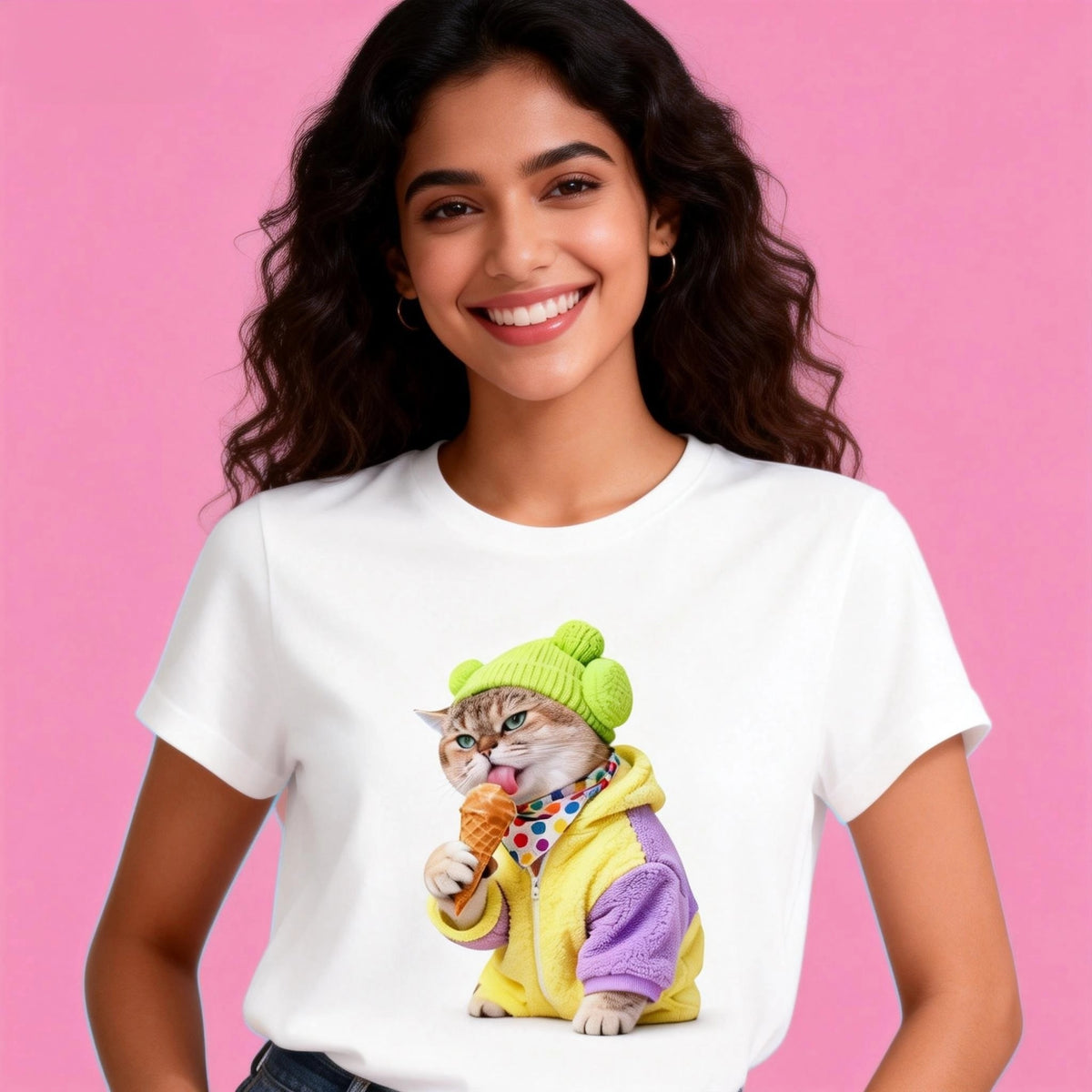 Woman wearing Sunny Brand ice cream cat t-shirt, casual summer outfit with green beanie cat graphic tee