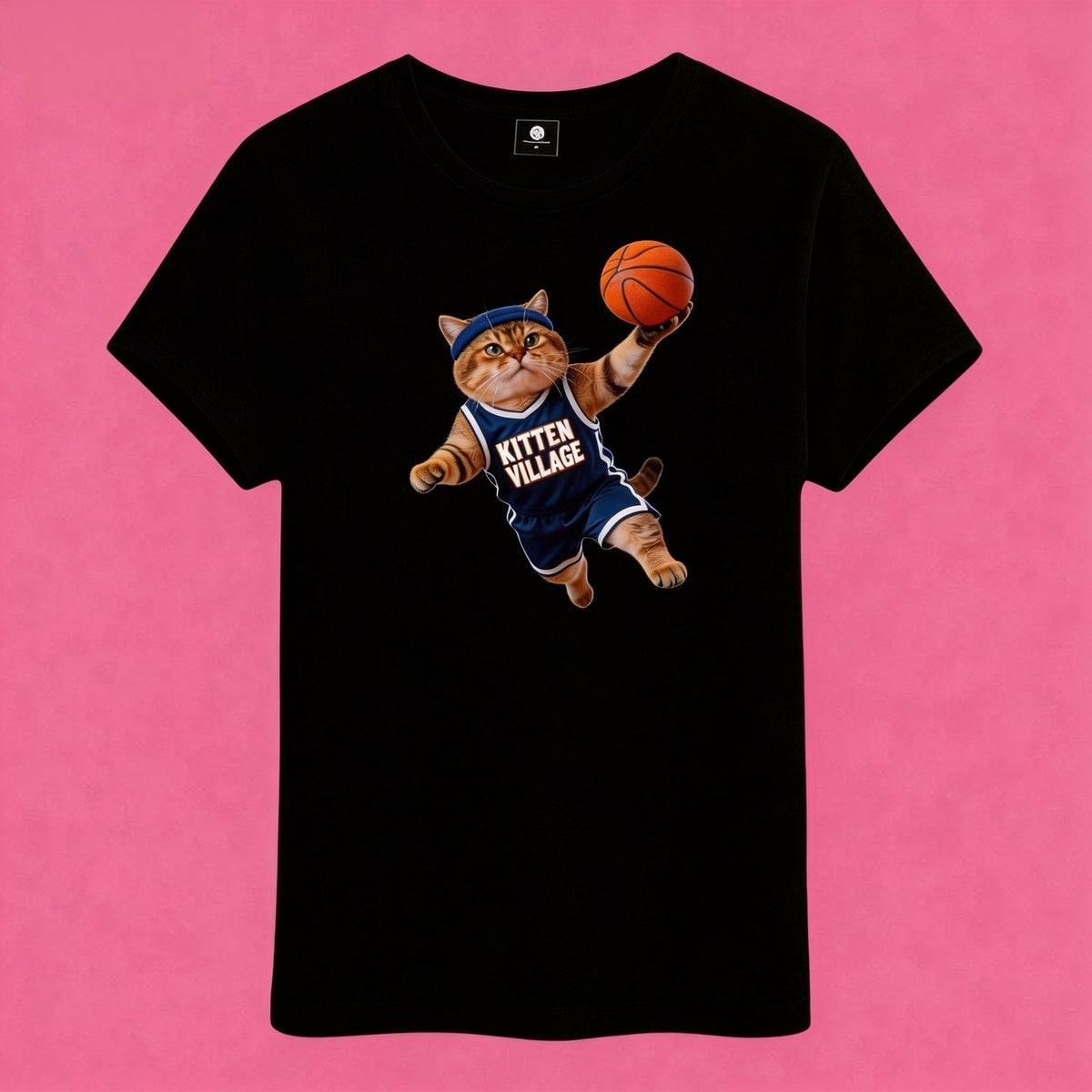 Sunny Brand t-shirt detail, close-up of bold Kitten Village basketball cat graphic