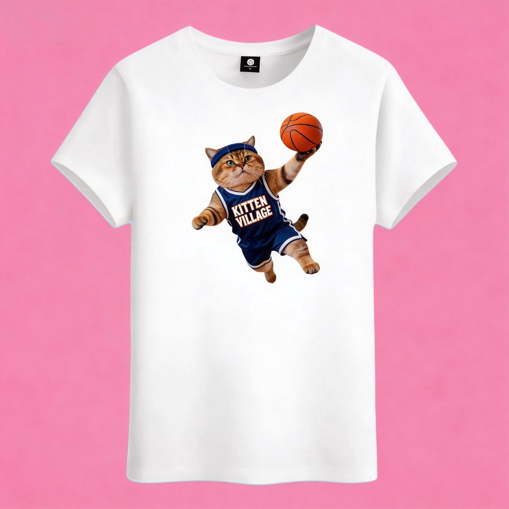Sunny Brand Kitten Village basketball cat t-shirt, front view of cat in blue jersey dunking printed on cotton tee
