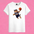 Sunny Brand Kitten Village basketball cat t-shirt, front view of cat in blue jersey dunking printed on cotton tee