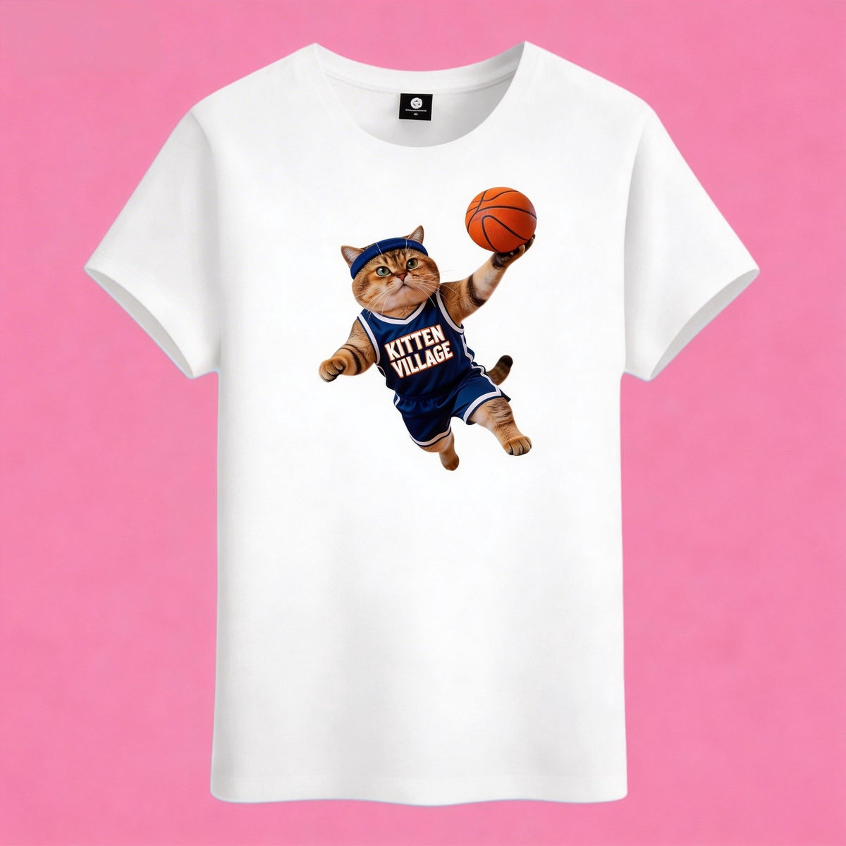 Sunny Brand Kitten Village basketball cat t-shirt, front view of cat in blue jersey dunking printed on cotton tee