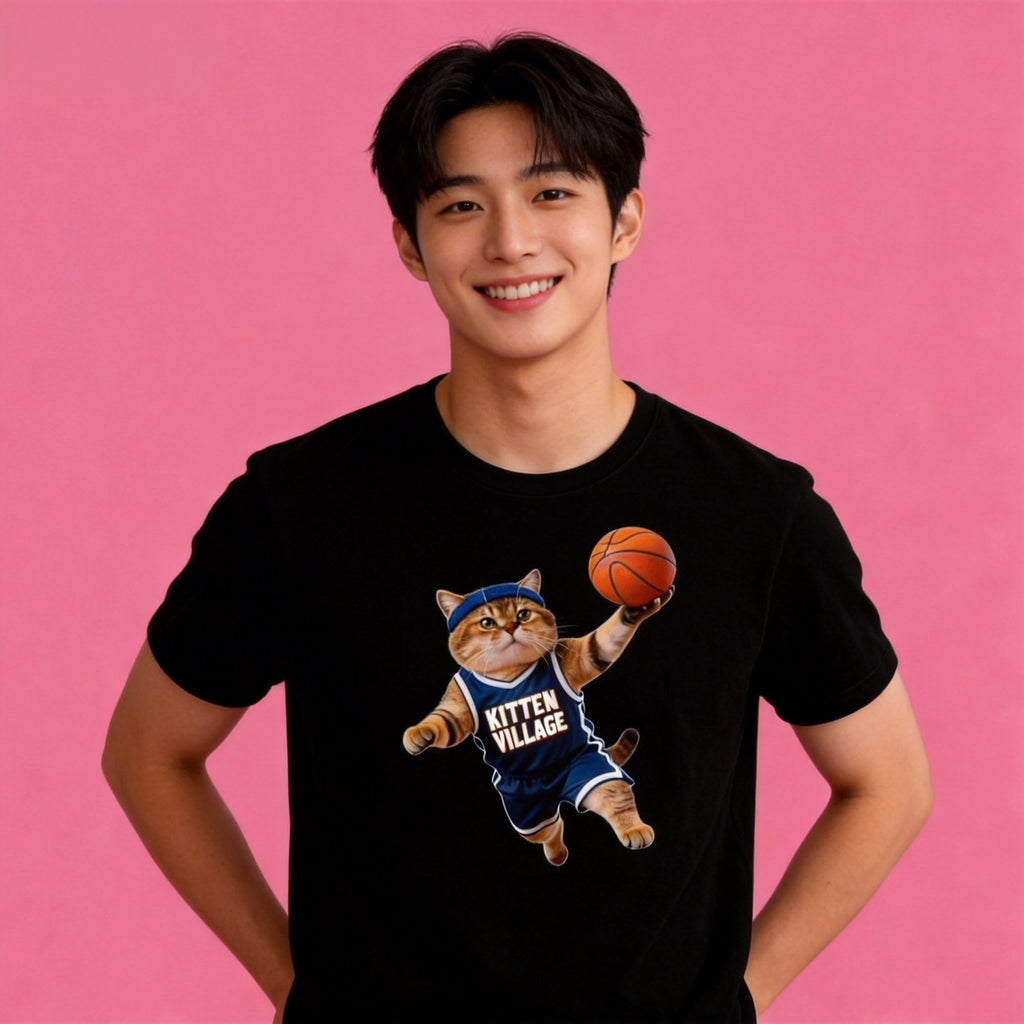 Man wearing Sunny Brand Kitten Village basketball cat t-shirt, unisex premium cotton sporty tee