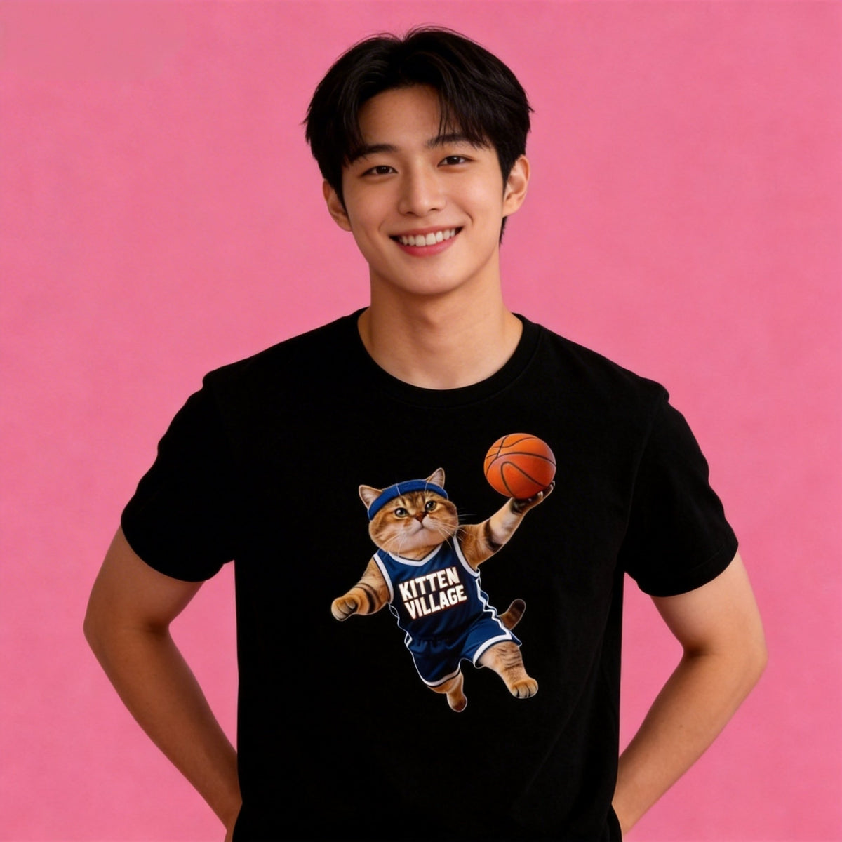 Man wearing Sunny Brand Kitten Village basketball cat t-shirt, unisex premium cotton sporty tee