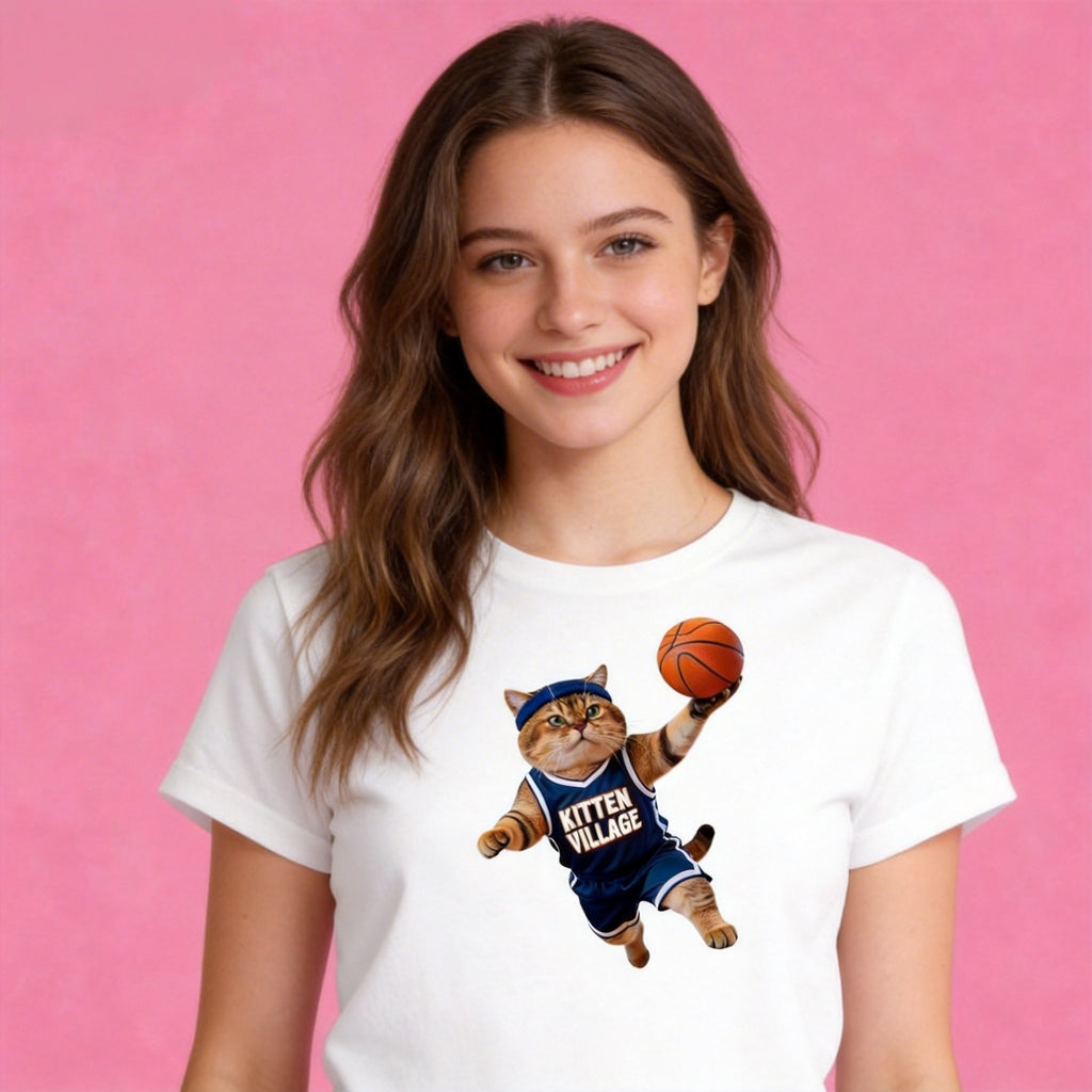 Woman wearing Sunny Brand Kitten Village basketball cat t-shirt, trendy dunk cat graphic casual wear