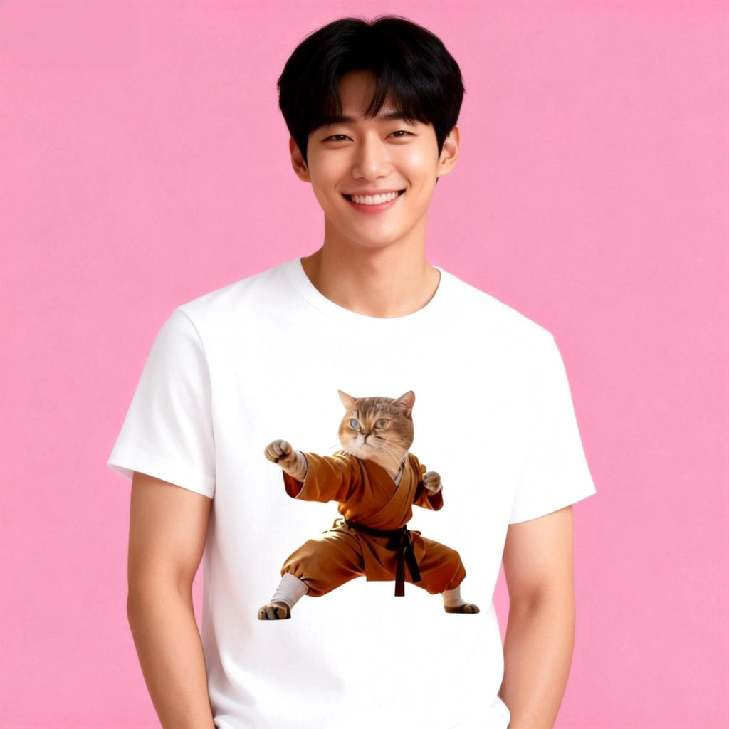 Man wearing Sunny Brand kungfu cat t-shirt, unisex heavy cotton tee with funny kungfu cat graphic