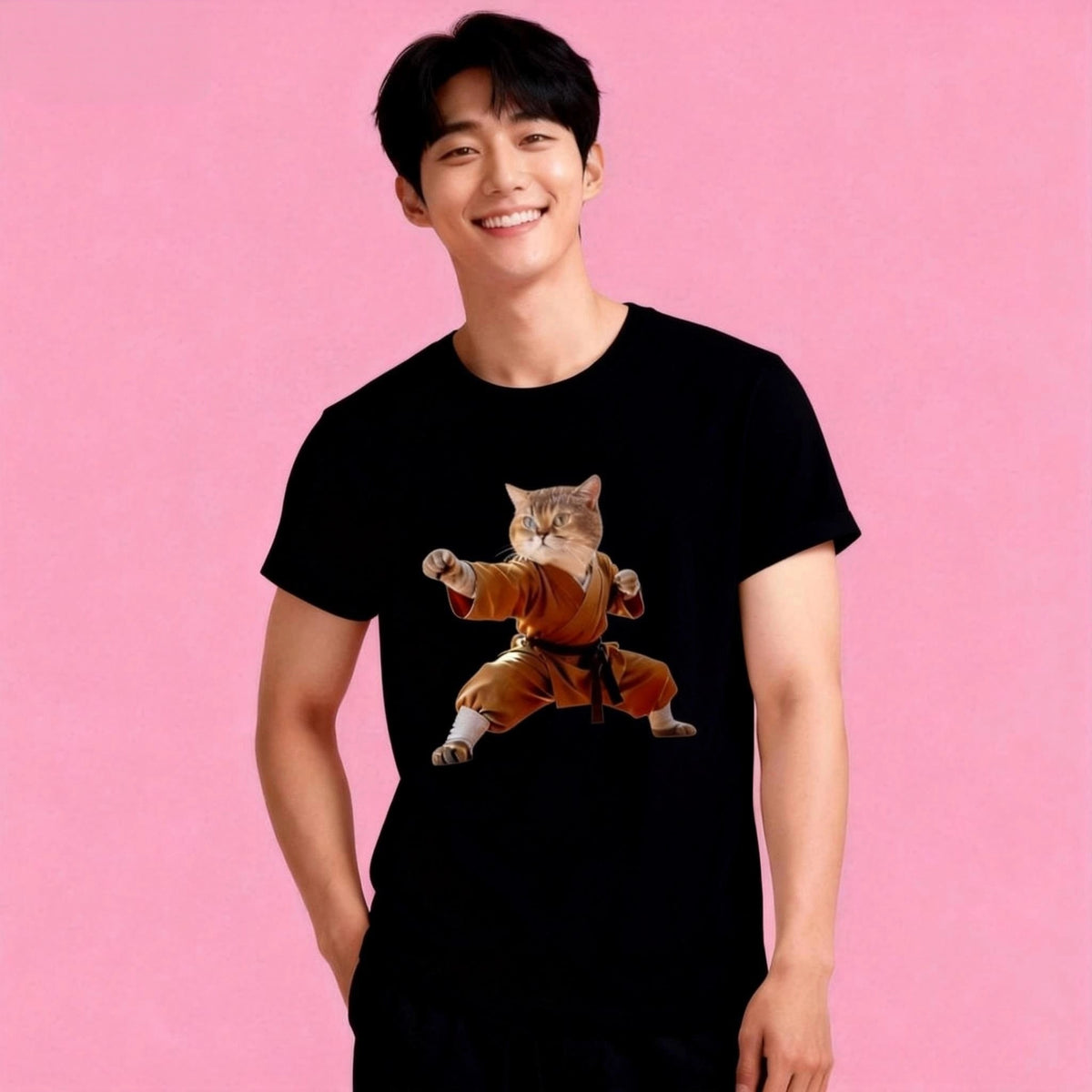 Male model in Sunny Brand martial arts cat t-shirt, funny kungfu cat design for casual wear