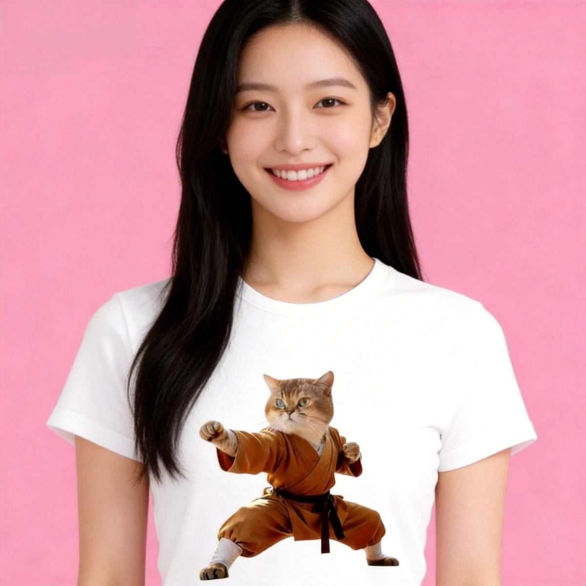 Women wearing Sunny Brand kungfu cat t-shirt, unisex heavy cotton tee with funny kungfu cat graphic
