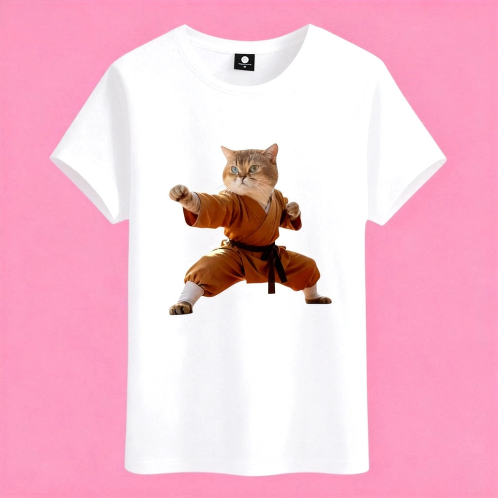 Sunny Brand kung fu cat t-shirt, front view of cat in yellow kung fu gi printed on heavy cotton tee 