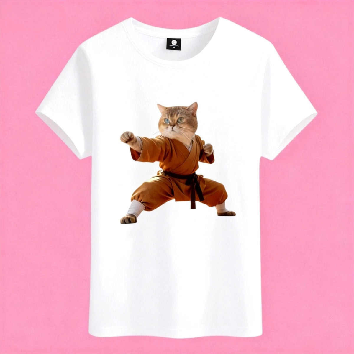 Sunny Brand kung fu cat t-shirt, front view of cat in yellow kung fu gi printed on heavy cotton tee 