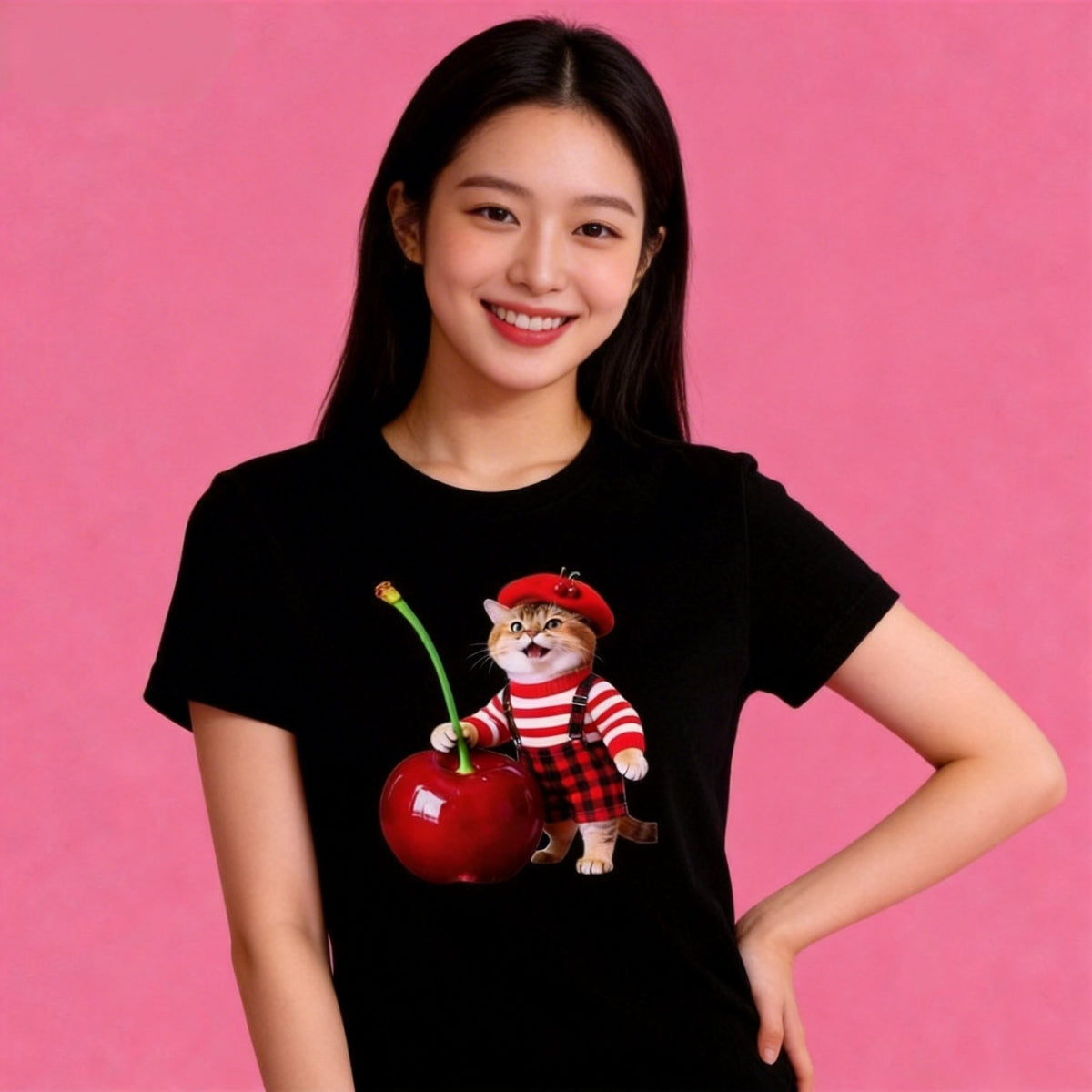 Lady model in Sunny Brand cheerful cherry cat t-shirt, fun casual street wear