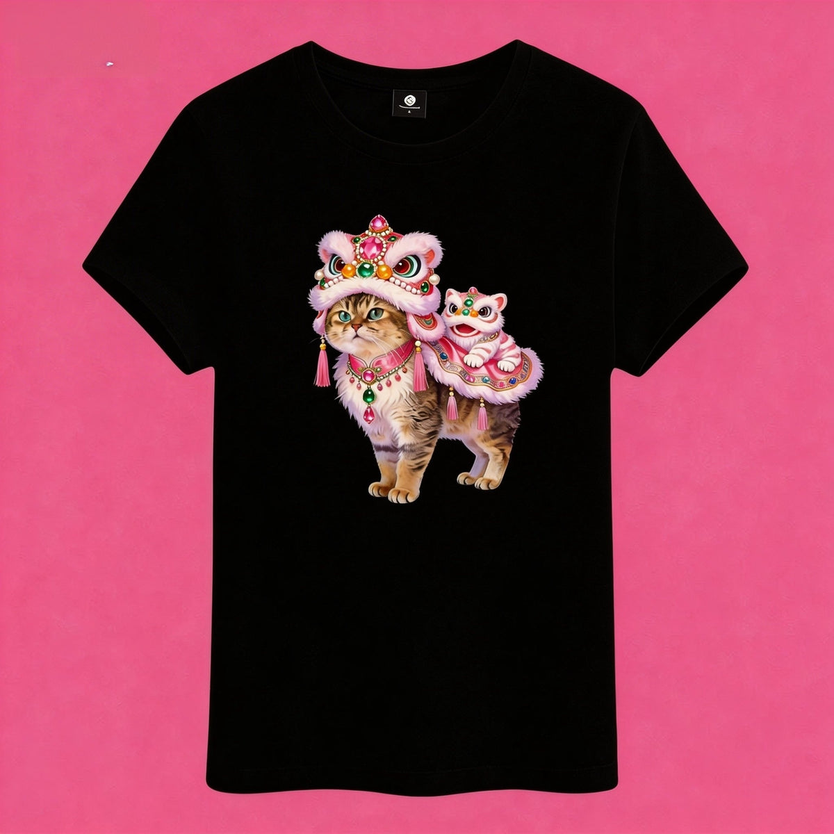 Sunny Brand t-shirt detail, close-up of festive lion dance cat graphic design