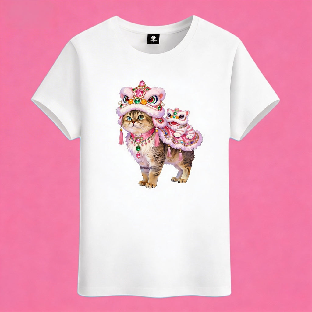 Sunny Brand lion dance cat t-shirt, front view of cat in pink lion dance costume printed on cotton tee