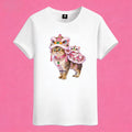 Sunny Brand lion dance cat t-shirt, front view of cat in pink lion dance costume printed on cotton tee