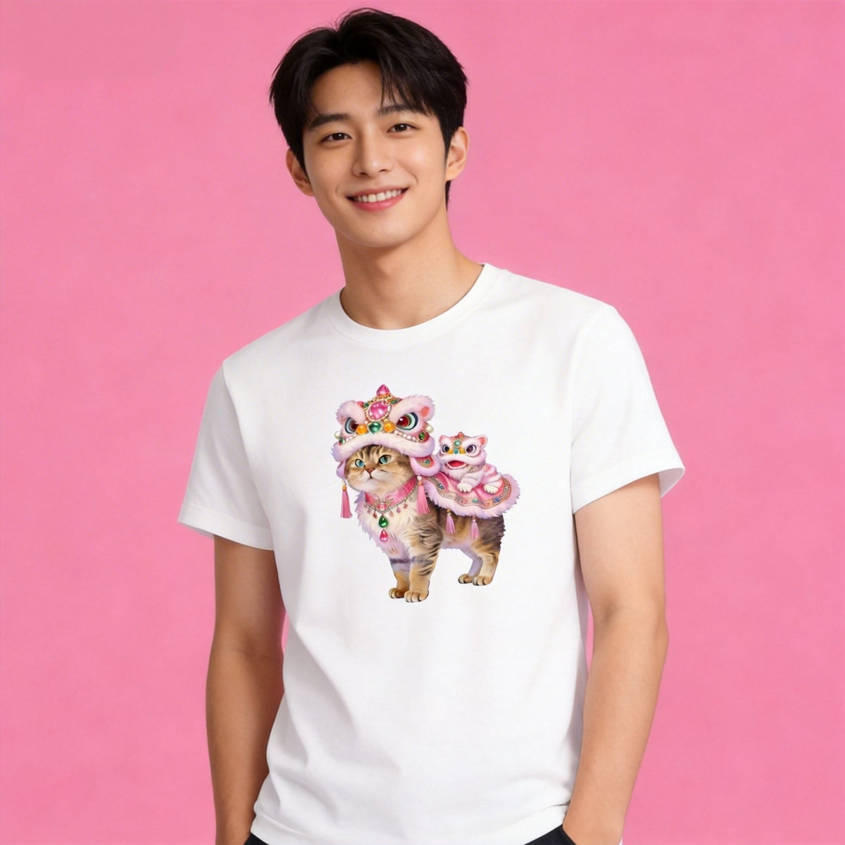 Man wearing Sunny Brand lion dance cat t-shirt, unisex premium cotton festive tee