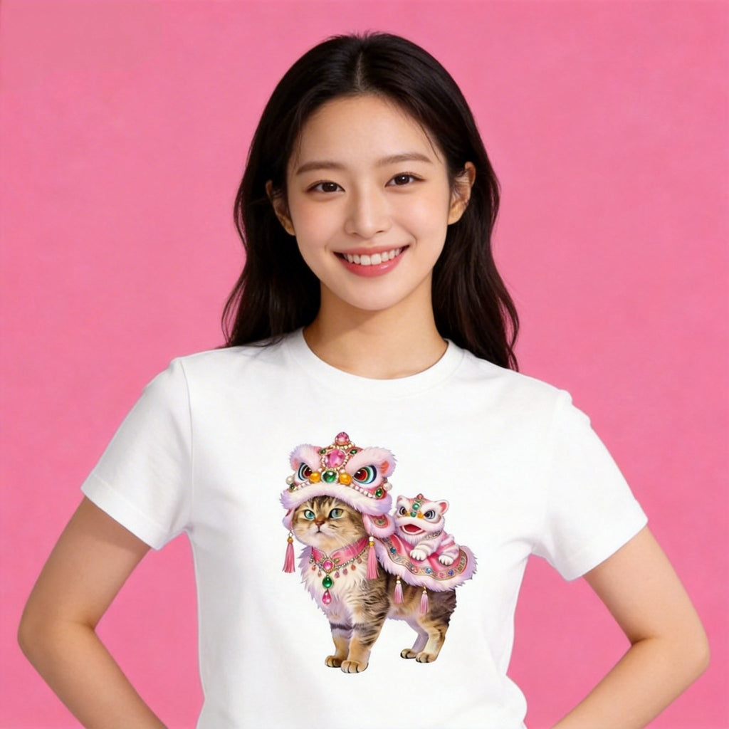 Woman wearing Sunny Brand lion dance cat t-shirt, festive cute cat graphic casual wear