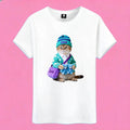 Sunny Brand love cat t-shirt, front view of cat with blue beanie and plushies printed on heavy cotton tee