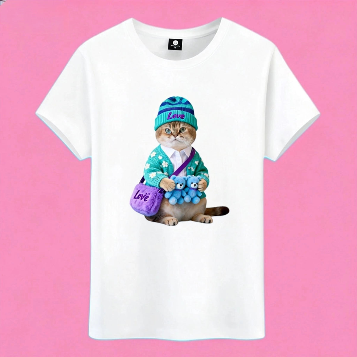 Sunny Brand love cat t-shirt, front view of cat with blue beanie and plushies printed on heavy cotton tee