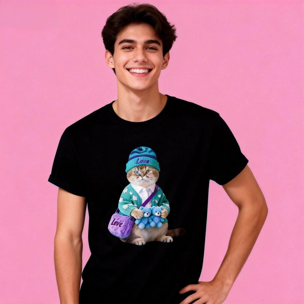Man wearing Sunny Brand love cat t-shirt, unisex heavy cotton tee with cozy cat graphic