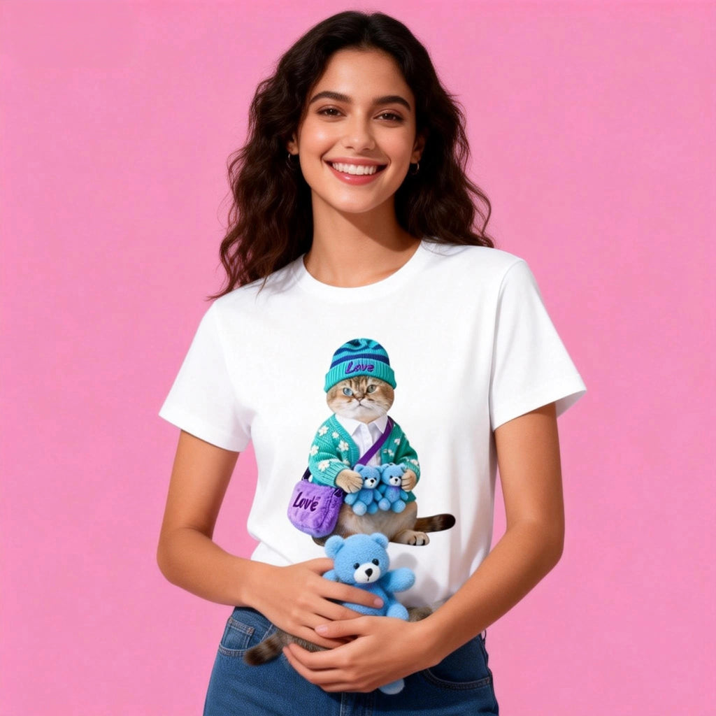 Woman wearing Sunny Brand love cat t-shirt, cozy casual outfit with plushie cat graphic