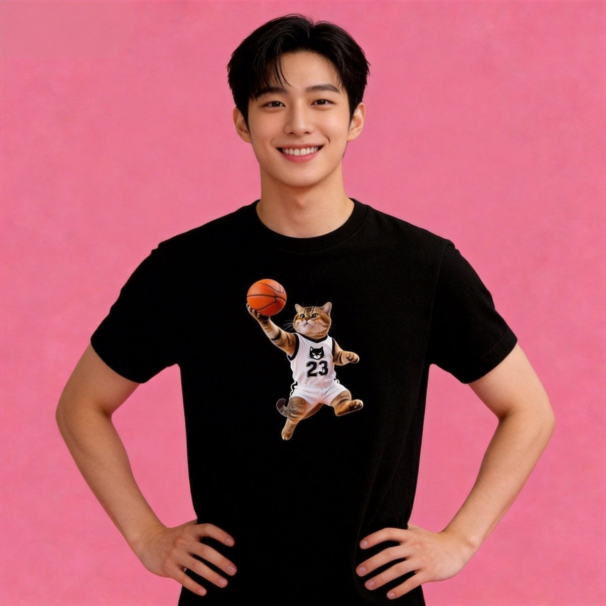 Male model in Sunny Brand dynamic basketball cat t-shirt, energetic casual street wear