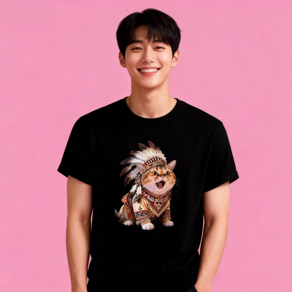 Male model in Sunny Brand bold cat t-shirt, unique streetwear with tribal cat design