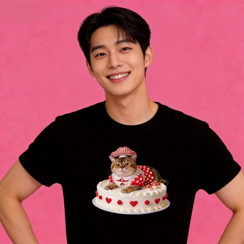 Male model in Sunny Brand sweet cake cat t-shirt, fun casual street wear