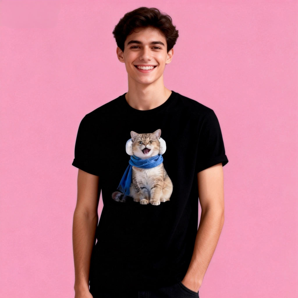 Male model in Sunny Brand cozy winter cat t-shirt, warm winter cat design for casual wear