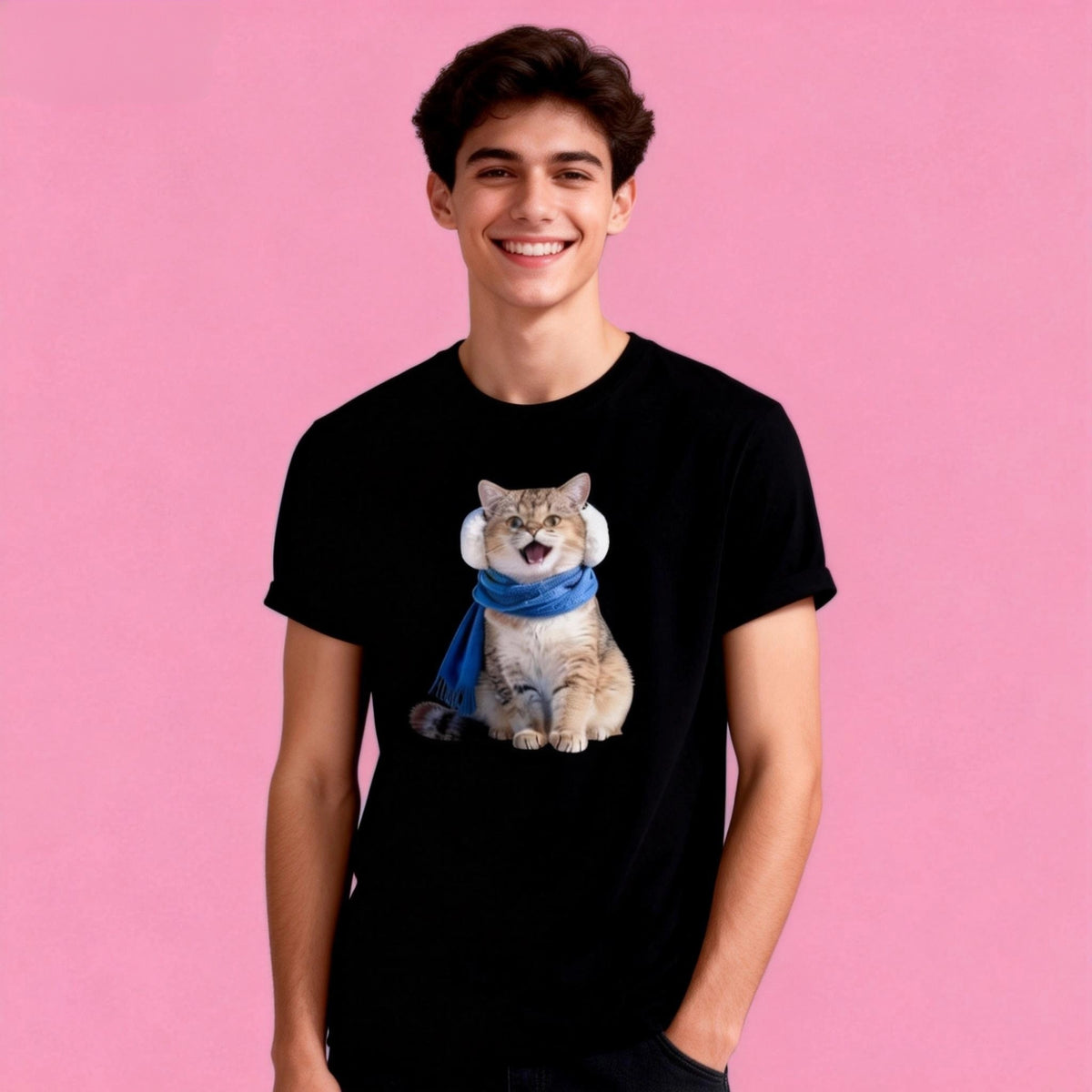 Male model in Sunny Brand cozy winter cat t-shirt, warm winter cat design for casual wear