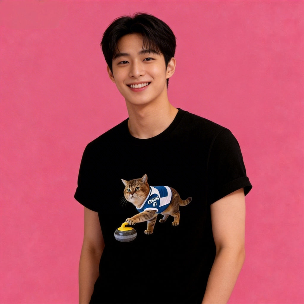 Male model in Sunny Brand playful curling cat t-shirt, fun casual street wear
