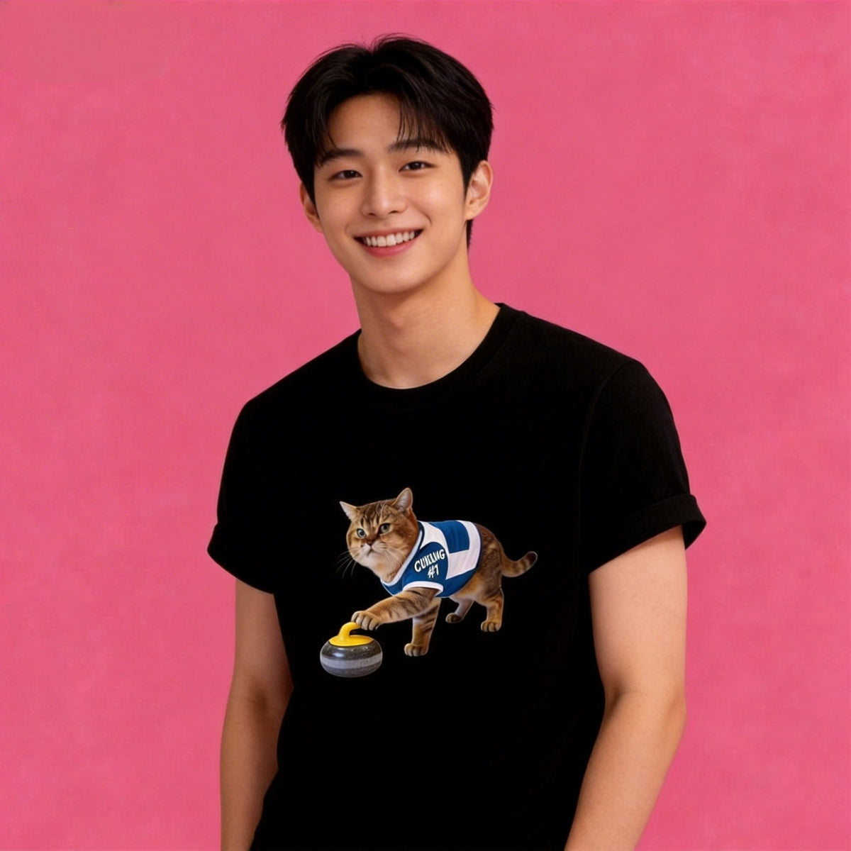 Male model in Sunny Brand playful curling cat t-shirt, fun casual street wear