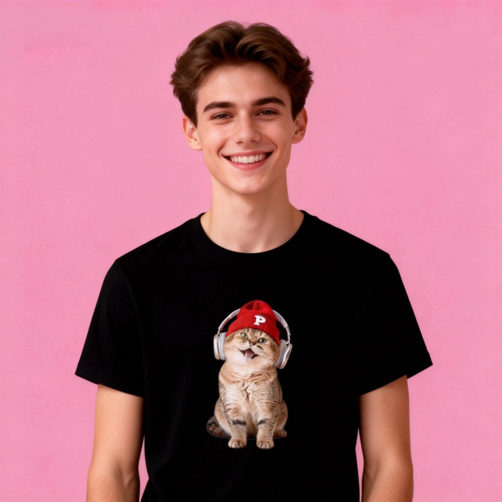 Male model in Sunny Brand DJ cat tee, casual street wear with music cat print