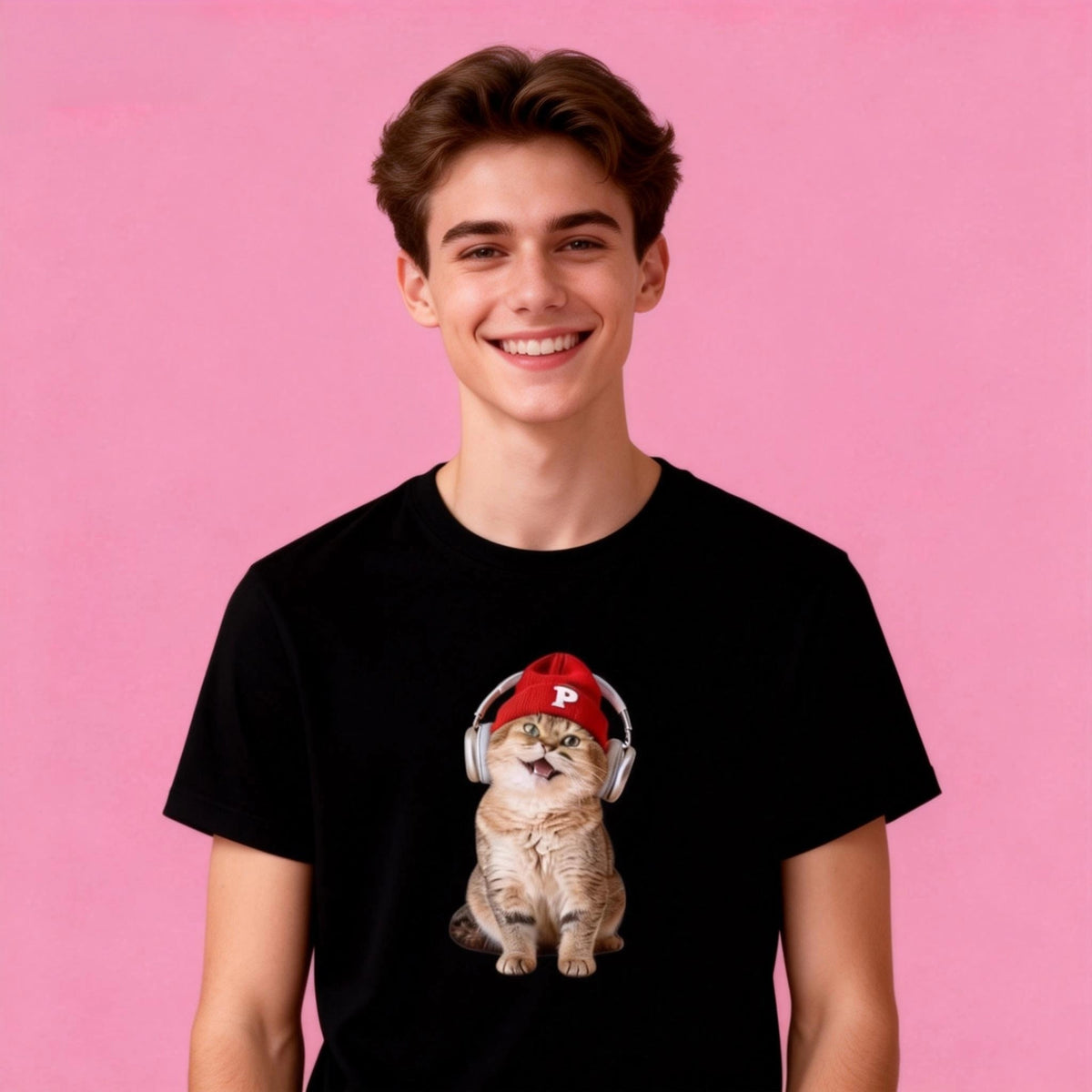 Male model in Sunny Brand DJ cat tee, casual street wear with music cat print