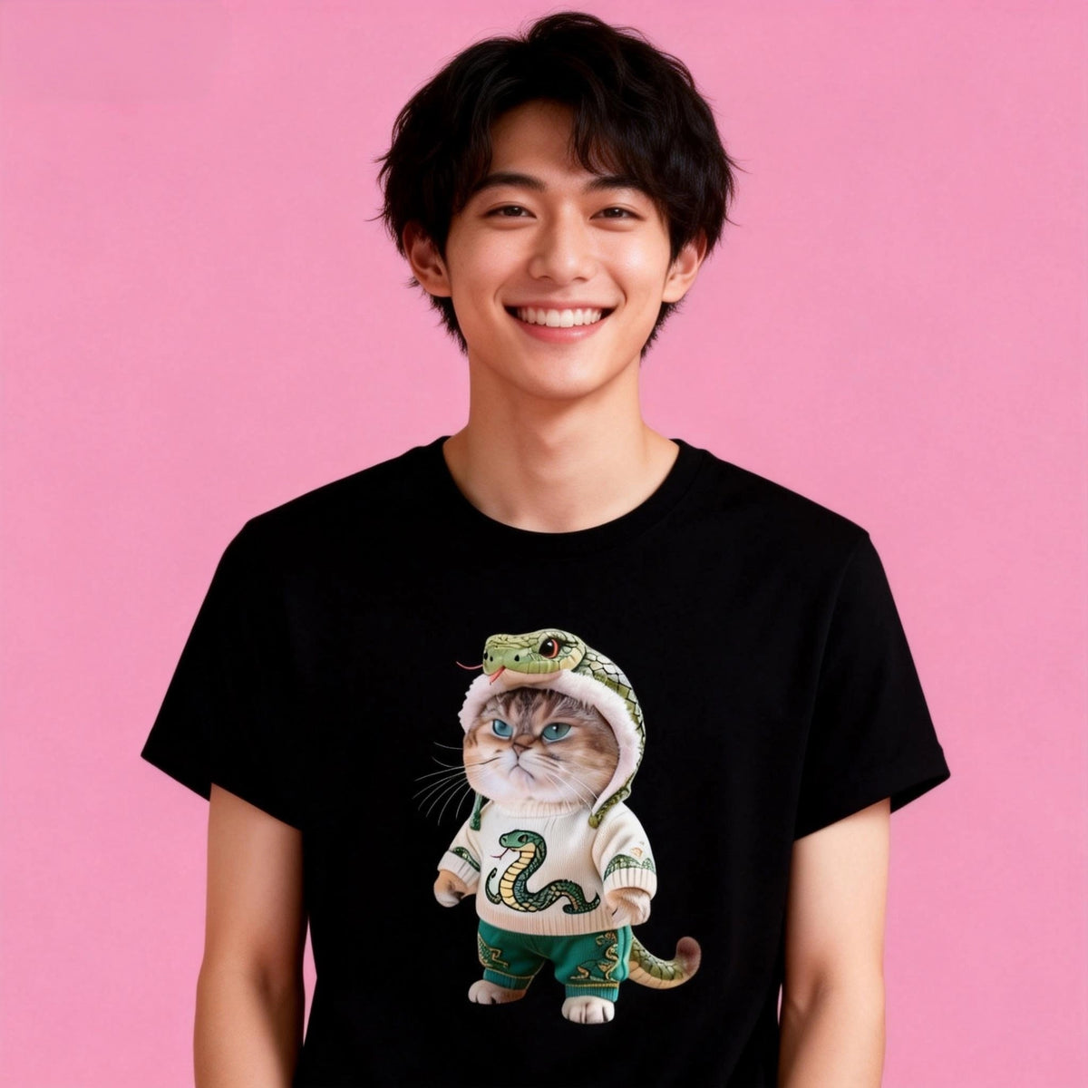Male model in Sunny Brand festive cat t-shirt, Lunar New Year style with snake cat design