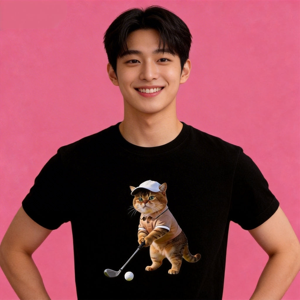 Male model in Sunny Brand sporty golfing cat t-shirt, fun casual street wear