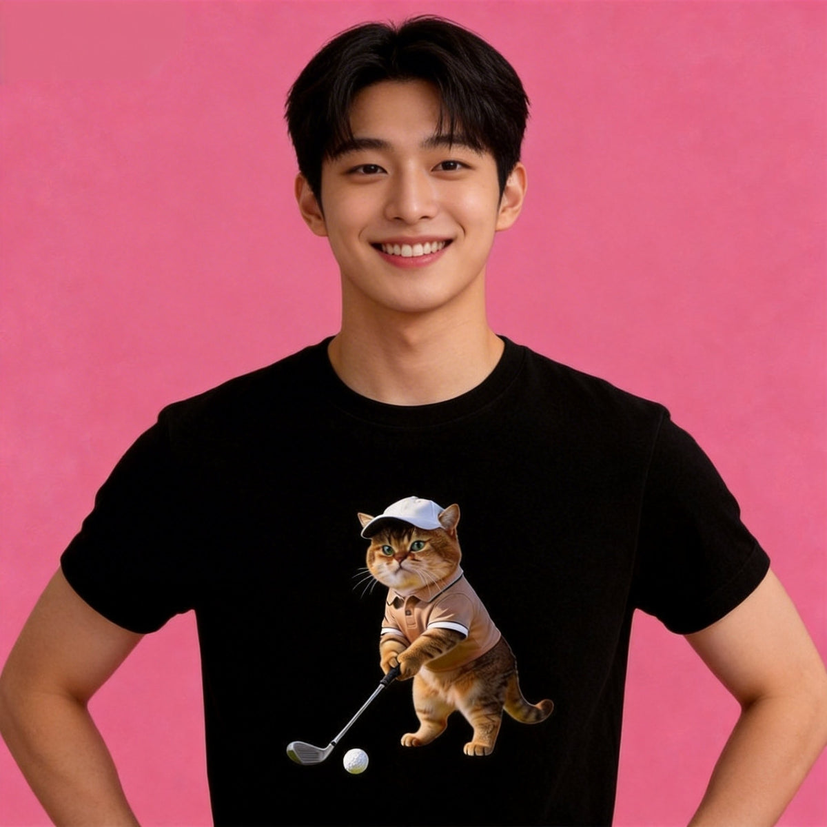 Male model in Sunny Brand sporty golfing cat t-shirt, fun casual street wear