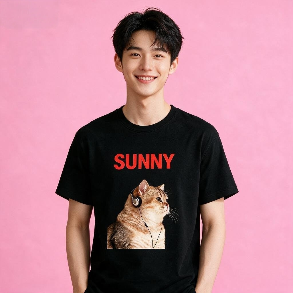 Male model in Sunny Brand retro headphone cat t-shirt, urban casual streetwear