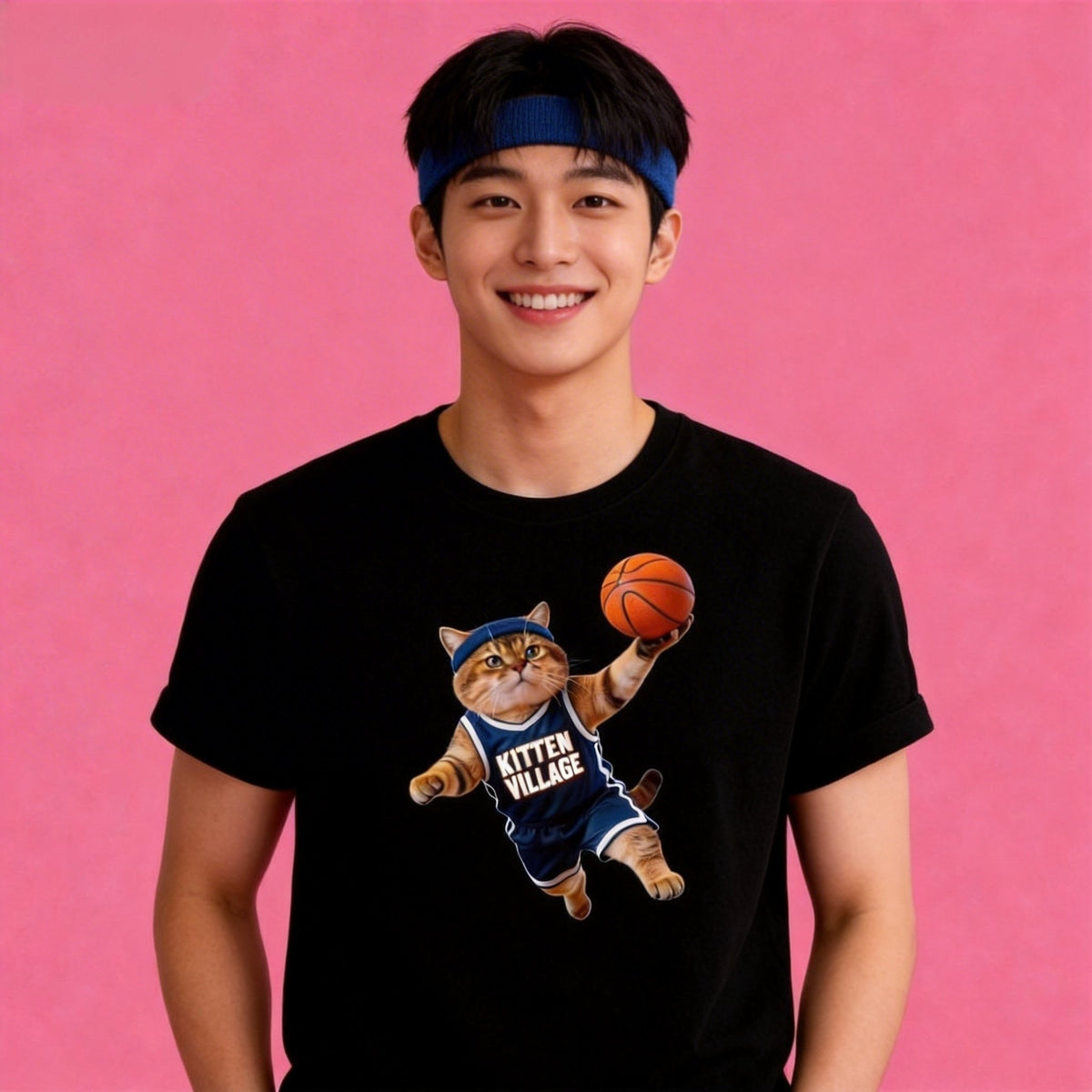 Male model in Sunny Brand bold Kitten Village basketball cat t-shirt, energetic casual street wear