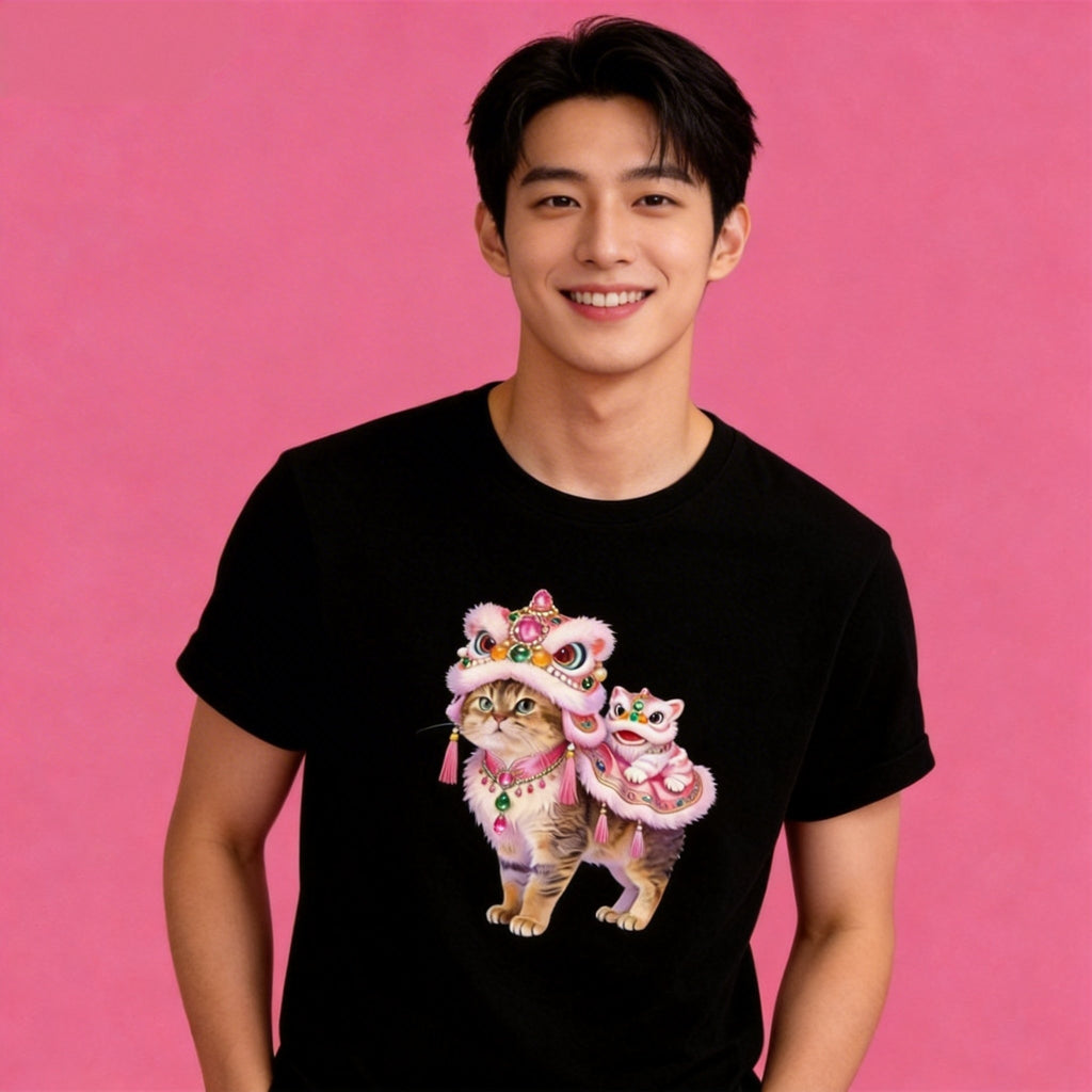 Male model in Sunny Brand lion dance cat t-shirt, trendy cultural casual street wear
