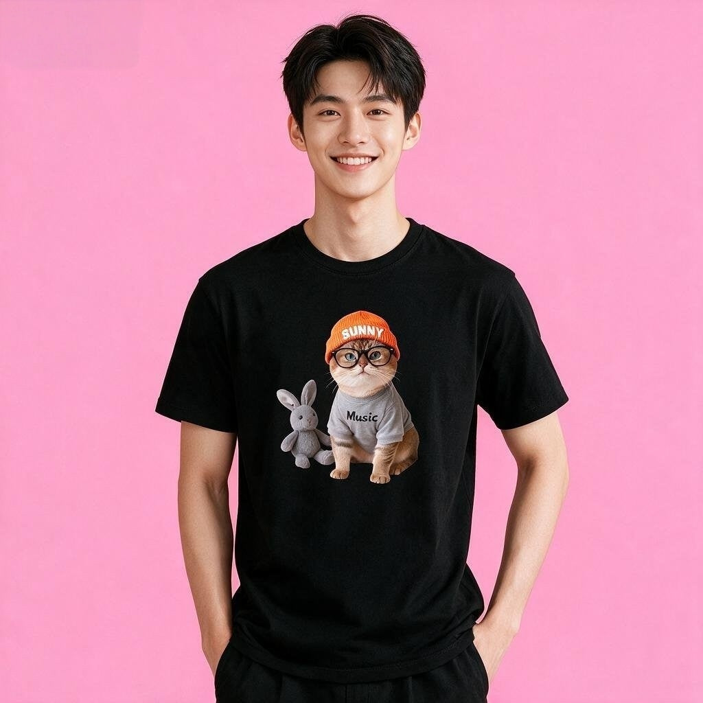 Male model in Sunny Brand cool glasses cat t-shirt, urban casual streetwear black color