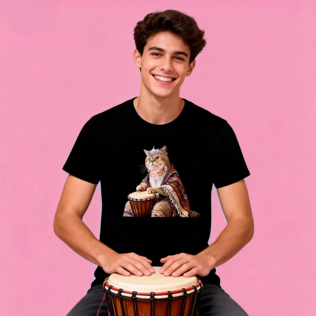 Male model in Sunny Brand music cat t-shirt, unique street wear with drum cat design