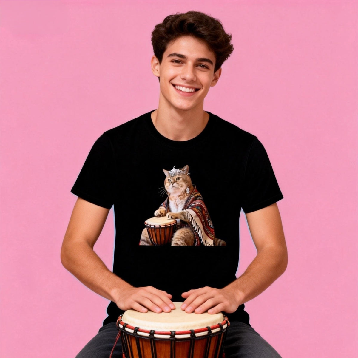Male model in Sunny Brand music cat t-shirt, unique street wear with drum cat design