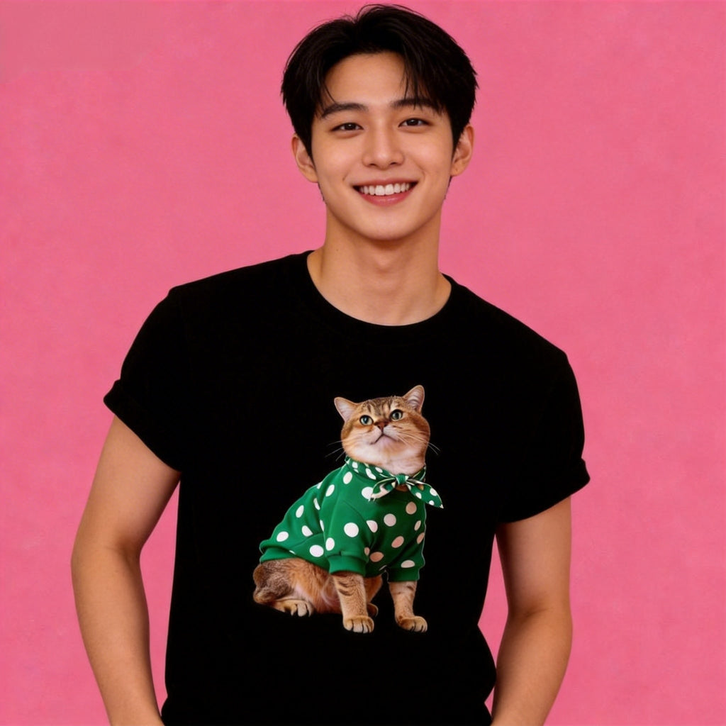 Male model in Sunny Brand cute retro cat t-shirt, fun casual street wear