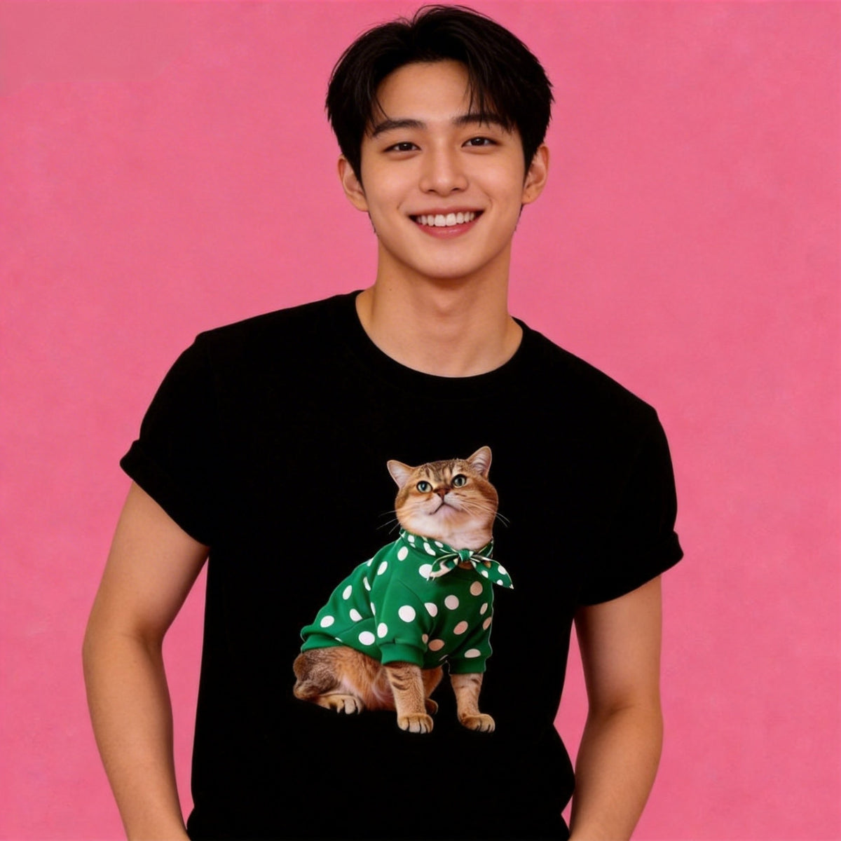 Male model in Sunny Brand cute retro cat t-shirt, fun casual street wear