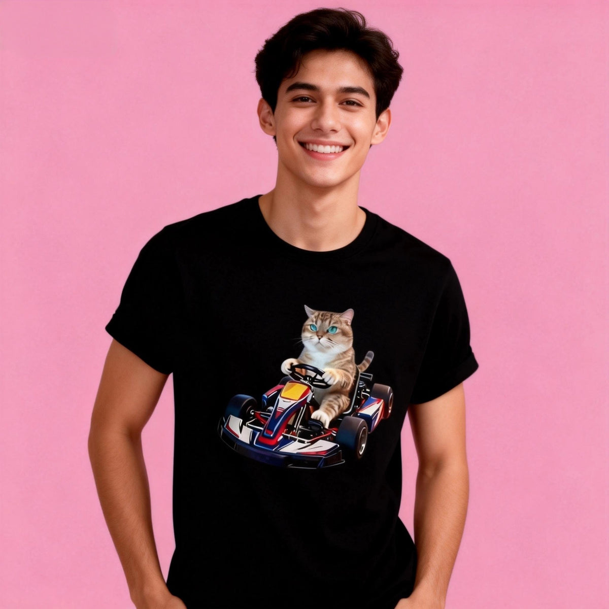 Male model in Sunny Brand racing cat t-shirt, playful go-kart cat design for casual wear