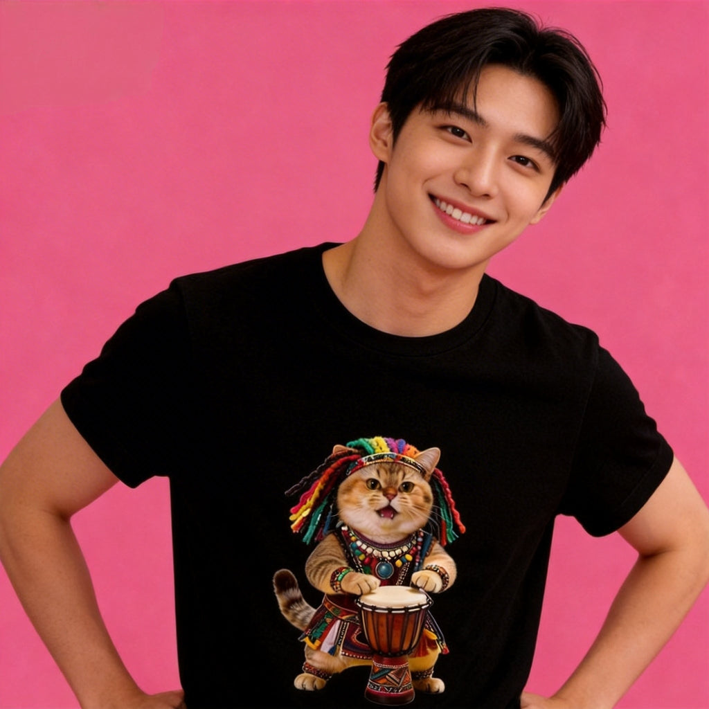Male model in Sunny Brand vibrant reggae cat t-shirt, artistic casual street wear