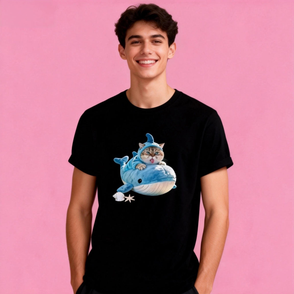 Male model in Sunny Brand shark cat t-shirt, casual cute street wear in black color