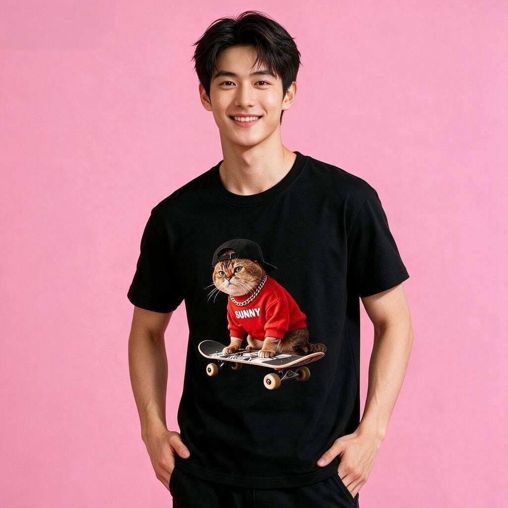 Male model in Sunny Brand cool skate cat t-shirt, street-style casual wear