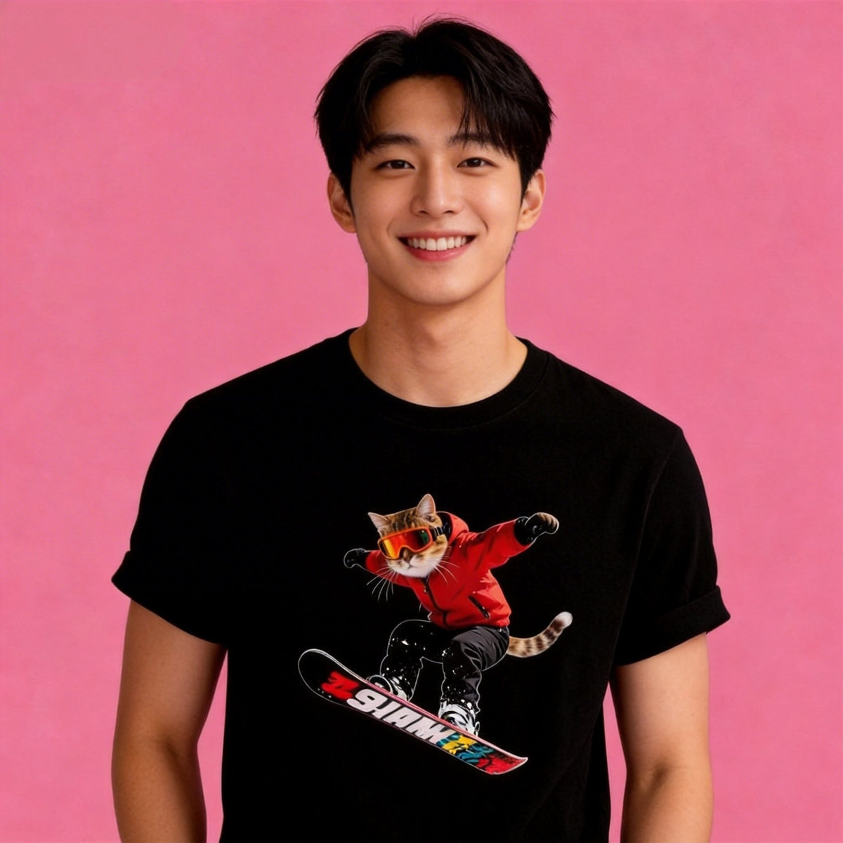 Male model in Sunny Brand cool snowboard cat t-shirt, adventurous casual street wear